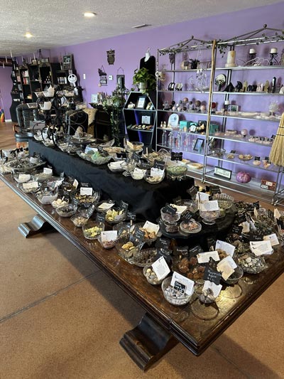 the inside of a local metaphysical shop, the mystic frog